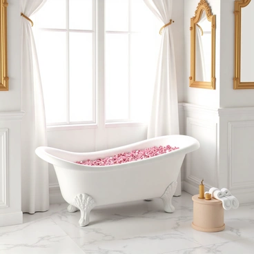 An opulent bathroom with a clawfoot bathtub filled with rose petals