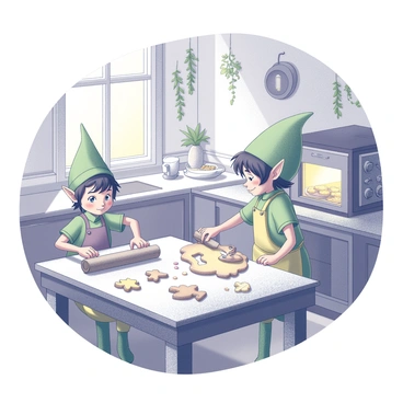 A vintage kitchen filled with warm, inviting details. Two small elves are busy baking gingerbread cookies on a wooden table. One elf, wearing a green tunic and a pointed hat, is rolling out dough with a small wooden rolling pin. The other elf, dressed in a yellow apron, is cutting shapes from the dough using various cookie cutters. A warm oven can be seen in the background, with a few trays of golden-brown cookies inside. The kitchen is adorned with hanging herbs and a small window that lets in light, illuminating the scene. Scattered flour and cookie sprinkles cover the table, adding to the atmosphere of holiday cheer.