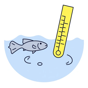 A small minnow with a silver body is swimming gracefully near a yellow thermometer. The thermometer features clear markings indicating warm water temperatures, with the mercury column rising high. The background includes gentle ripples in the water, suggesting a lively aquatic environment.