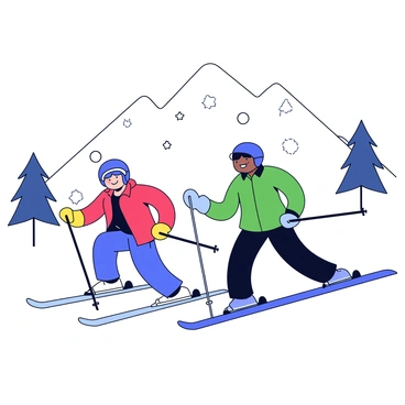 Two skiers are gliding down a snowy mountain trail. One skier is wearing a bright red jacket and blue pants, while the other skier is dressed in a green jacket and black pants. Both skiers have helmets and goggles on. They are smiling as they navigate the slopes, with snowflakes gently falling around them. The mountain in the background is covered in white snow, and there are pine trees scattered along the trail.
