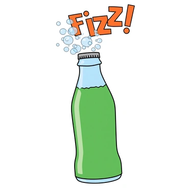 A green soda bottle with a metallic silver cap is being opened. The cap is lifted to the side, and a burst of bubbles is escaping from the top of the bottle. The bubbles are numerous, rising rapidly into the air, creating a playful effect. Above the bottle, the word "Fizz!" is illustrated in bold, colorful letters, with some bubbles surrounding it. The background is bright and cheerful, enhancing the lively scene of carbonation.