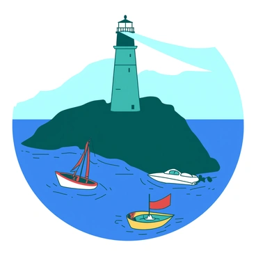 A teal lighthouse stands tall on a rocky cliff, its bright light beam illuminating the dark blue ocean. Below, a diverse group of boats, including a red sailboat, a yellow fishing boat, and a white speedboat, are scattered across the water. The boats are gently bobbing with the waves as they drift toward the lighthouse. The scene conveys a sense of direction and safety, as the light guides the boats through the night.