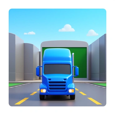 A large truck in bright blue color parked at an industrial park. The truck is facing forward with its headlights on. In the background, there are several large warehouses made of steel and concrete, showcasing a variety of colors including grey and green. The ground is paved with asphalt, and there are yellow safety lines marked on the ground. A clear blue sky is seen above, with a few white clouds scattered.