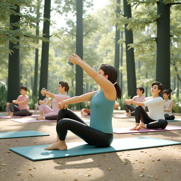 A person, wearing a teal tank top and black leggings, is performing Russian twists on a yoga mat. The individual is sitting with legs elevated and bent at the knees, twisting the torso to the side while holding a small weight. Surrounding them are several other participants in a yoga retreat group, each on their own mats, engaged in similar twisting exercises. The forest setting is lush with tall green trees, dappled sunlight filtering through the leaves, and a soft, natural ground covered in leaves and grass.