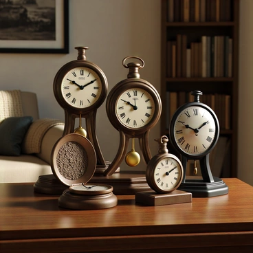 A variety of antique timepieces arranged on a wooden display table in a cozy room. The collection includes a vintage pocket watch with intricate engravings, a brass mantel clock with a pendulum, and an ornate wall clock featuring Roman numerals. Soft, warm lighting casts gentle shadows on the polished surfaces of the clocks. In the background, there is a plush armchair with a knitted blanket draped over it, and a small bookshelf filled with leather-bound books. The atmosphere feels inviting and nostalgic.