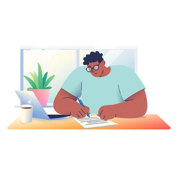 A person with light brown skin is sitting at a wooden dining table in a well-lit room. They have short, curly black hair and are focused on filling out a car insurance claim form. The person is wearing a light blue t-shirt and reading glasses. On the table, there is a blue ballpoint pen in their right hand and the claim form in front of them. A laptop is open next to a partially filled coffee cup on the left side of the table. In the background, there is a potted green plant on a windowsill, and a soft glow from the window illuminates the scene.