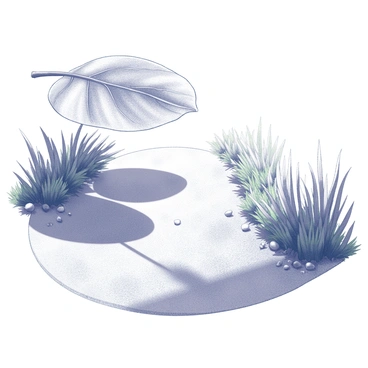 A sunlit garden path stretches into the distance, surrounded by vibrant greenery. The texture of the path is rough, with scattered pebbles and small patches of grass merging into the solid ground. A large fig leaf is positioned above, casting a distinct shadow on the path. The shadow of the leaf showcases its intricate shape and details, including the veined structure that defines it. Sunlight filters through the leaf, creating a contrast between light and dark areas on the path below.