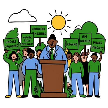 A politician with light skin and short black hair is speaking at an environmental rally. He is wearing a blue suit and a green tie, with a confident expression on his face. Surrounding him are several activists of diverse backgrounds, each holding up green banners with slogans about environmental protection. The activists are wearing casual clothes in various shades of green and blue, illustrating their commitment to the cause. The background features a sunny day with trees and plants, enhancing the environmental theme of the event.