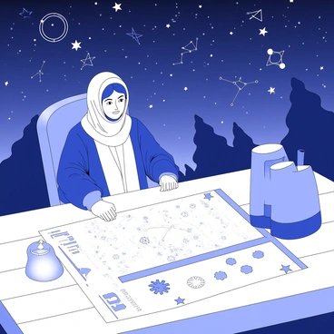 An astrologer is seated at a wooden table, intently examining a star chart. The chart is spread open before them, featuring intricate symbols and celestial diagrams. The astrologer is depicted with a focused expression, wearing a long robe and a headscarf. Above, the night sky is filled with numerous constellations, each represented by distinct star patterns. The stars twinkle brightly, creating a mysterious atmosphere. In the background, there are silhouettes of trees, adding depth to the scene. A faint glow can be seen around the edges of the star chart, emphasizing its importance.