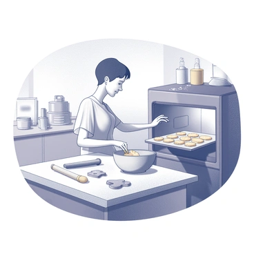A bright kitchen filled with various baking tools and ingredients. A person is standing at a wooden countertop, actively mixing dough in a large bowl. Their hands are dusted with flour, and a light cloud of flour is visibly suspended in the air around them. On the countertop, there is a scattering of flour, along with cookie cutters and a rolling pin. In the oven, a tray filled with golden-brown cookies is just visible through the glass door, hinting at the delightful treats being baked. The overall atmosphere is lively and bustling, capturing the joy of baking.