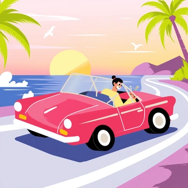 A red convertible car with its top down is driving along a winding coastal road. The car has sleek lines and shiny chrome details, reflecting the warm glow of the sunset. The sky is painted in shades of orange, pink, and purple as the sun dips toward the horizon. Waves crash against the rocky shore beside the road, with white foam contrasting against the deep blue ocean. Palm trees sway gently in the breeze, framing the scene. Seagulls can be seen flying in the background, adding to the coastal atmosphere.