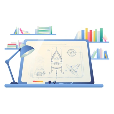 A large drafting table is positioned in the center of the image, displaying a detailed blueprint of a rocket. The blueprint includes intricate designs and measurements, featuring various components such as the rocket body, engines, and fins, all labeled with technical annotations. Surrounding the table, there are drafting tools including a compass, ruler, and a set of colored pencils. A small lamp casts a focused light on the blueprint, highlighting the fine details. In the background, there are shelves filled with engineering books and additional model rockets, adding to the context of a workspace dedicated to rocket design.