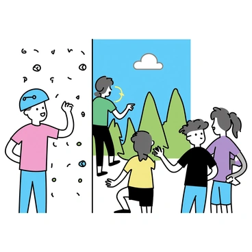 A coach, wearing a blue helmet and a red shirt, is standing beside an outdoor climbing wall. He is demonstrating a climbing technique, pointing towards the wall. A group of four beginners is gathered around him, attentively watching. One beginner, wearing a green t-shirt, is currently climbing the wall, using handholds and foot placements. Another beginner, dressed in a yellow top, is preparing to climb, adjusting their safety harness. The third beginner, in a purple jacket, is taking notes on a small notepad, while the fourth, in a black shirt, is stretching nearby. The background shows a clear blue sky and green trees surrounding the climbing area.