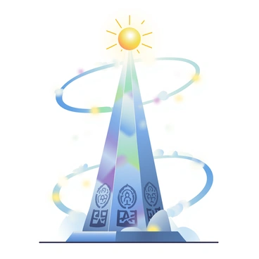 A towering spire made of shimmering crystal is reaching towards the sky. The spire is surrounded by a vibrant aura of magical energy, with swirling lights in various colors including blue, purple, and gold. At the peak of the spire, a bright orb is glowing intensely, casting beams of light that dance around the structure. The base of the spire is adorned with intricate carvings, depicting ancient symbols and runes that pulse softly with energy. In the background, wisps of mist swirl around the spire, enhancing the mystical atmosphere.