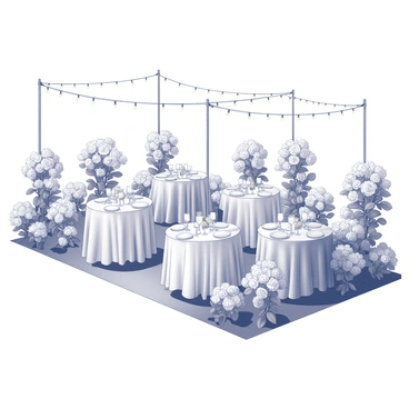 A garden scene featuring several elegantly set tables arranged among blooming rose bushes. Each table is adorned with white tablecloths and tasteful centerpieces. Delicate china plates and sparkling glassware are placed at each setting. Strings of fairy lights are draped overhead, creating a whimsical atmosphere. The roses are in full bloom, displaying intricate petals and lush green leaves surrounding the tables. The overall setting conveys a festive and inviting ambiance.