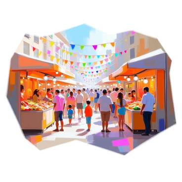 A vibrant shopping festival scene featuring numerous colorful stalls adorned with festive decorations such as ribbons, balloons, and garlands. Each stall showcases a variety of goods, including handcrafted items, fresh produce, and artisanal food products. Crowds of people of different ages are engaging with vendors, examining products, and making purchases. In one area, a juggler entertains a small group of spectators, while nearby, children are laughing and playing. Bright banners and festive lights enhance the atmosphere, creating a lively and cheerful environment.
