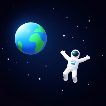 An astronaut in a white spacesuit floating in the dark expanse of space. The astronaut is positioned to the right, with arms extended as if reaching out. To the left, there is a glowing Earth globe, prominently displaying blue oceans and green landmasses. The globe emits a soft light, illuminating the surrounding darkness. Stars are scattered across the background, providing a sense of depth and vastness to the scene.