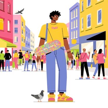 A skater with tousled hair is wearing a brightly colored t-shirt, baggy jeans, and vibrant skate shoes. They are carrying a graffiti-covered skateboard bag slung over one shoulder. The bustling city street is filled with animated pedestrians, various storefronts, and colorful street art on the buildings. A couple of pigeons are flying nearby, and a group of street performers can be seen entertaining a crowd in the background. The atmosphere is lively and energetic, highlighting the urban culture of the scene.