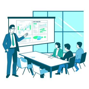 A teal analyst is standing in front of a large white presentation screen in a boardroom. The analyst is wearing a smart blue suit and glasses, holding a remote control in one hand. On the screen, there is a detailed cost analysis chart with various colorful graphs and figures. The boardroom has a long white table surrounded by chairs, with a few people sitting and attentively watching the presentation. A large window in the background allows natural light to illuminate the room.