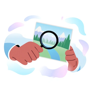 A person holding a magnifying glass in one hand is closely examining a detailed picture with the other hand. The magnifying glass is positioned close to the picture, enhancing the intricate details within it. The picture displays a rich landscape with various elements like trees, mountains, and a river, all vividly illustrated. The person's body is slightly bent forward, showing intense focus on the image through the magnifying glass. The background includes soft, gradient pastel colors that create a calm atmosphere surrounding the scene.