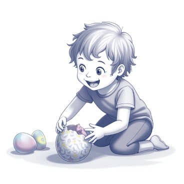 A small child is kneeling on soft grass, with their hands eagerly reaching towards an open Easter egg. The egg is colorful, featuring intricate patterns and designs. The child's face is filled with excitement and wonder, eyes wide and sparkling, as they look at a surprise toy nestled inside the egg. The child's hair is tousled, and they are wearing a bright, playful outfit. In the background, a few other Easter eggs are scattered, hinting at an ongoing hunt. The scene captures the joy and thrill of the discovery.