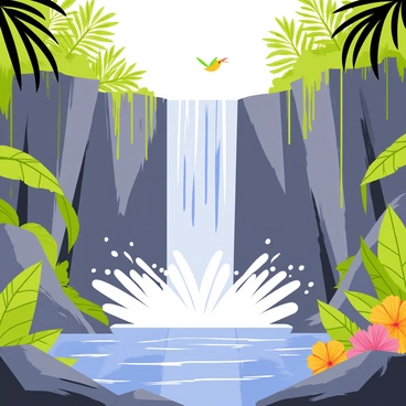 A dramatic view of a cascading main waterfall plunging down rocky cliffs in a tropical rainforest. The waterfall creates a splash at the base, sending up a mist that catches the sunlight. Lush green vegetation surrounds the waterfall, including large leaves and vibrant tropical flowers. In the foreground, smooth stones and a small pool of water reflect the scene above, while distant trees create a thick canopy overhead. Colored birds can be seen flying around the waterfall, adding a sense of life to the environment.