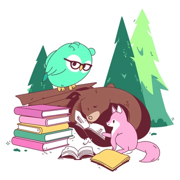 A teal owl is perched on a low branch, wearing small reading glasses and looking down at a stack of colorful books arranged neatly on a log. A white rabbit sits on the ground, holding an open book in its paws, intently reading. Nearby, a brown bear is leaning back against a tree, thoughtfully resting its chin on a paw, while a pink fox eagerly turns the pages of a book, its tail flicking with excitement. Surrounding them, tall green trees form a natural backdrop, and soft sunlight filters through the leaves, illuminating the scene.