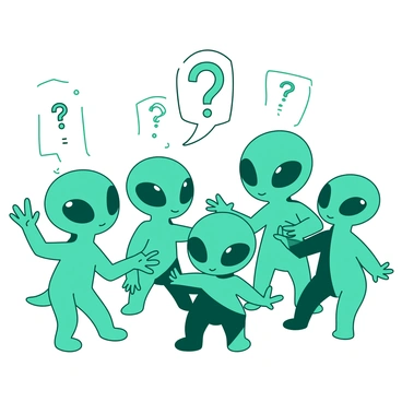 A teal group of friendly aliens with large, expressive eyes is gathered together, animatedly exchanging ideas. Each alien has unique features, such as different shapes and sizes, adding diversity to the group. They are surrounded by various white question marks floating in the air, symbolizing their exchange of thoughts. The aliens are gesturing with their arms, and some are using their hands to point at the question marks, indicating curiosity and engagement in their conversation.