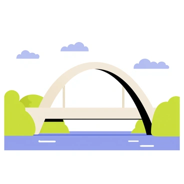 A bridge featuring large, elegant arches that curve gracefully, resembling the shape of a nose. The bridge spans a wide river, with clear blue water flowing beneath it. Lush greenery lines the banks of the river on both sides, and a few fluffy clouds float in a bright blue sky above. The overall scene captures the unique design of the bridge with a focus on its arching structures.
