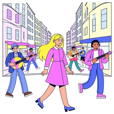 A blonde Barbie doll is walking on a busy city street. She wears a vibrant pink dress and has her signature long hair flowing down her back. Surrounding her are tall buildings with large windows, showcasing various shops and cafes. Street performers are present, including a juggler dressed in a colorful outfit and a musician playing a guitar. People are walking by, contributing to the lively atmosphere of the scene.