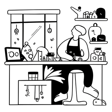 A woman sitting at a wooden workbench, focused on crafting intricate jewelry pieces with various tools scattered around her. She is wearing an apron, and there are several unfinished rings and necklaces laid out in front of her. Light filters in through large windows, casting shadows on the surface. Surrounding her are shelves filled with beads, gemstones, and tools. An open sketchbook with jewelry designs lies nearby, and a few completed jewelry pieces are displayed on stands around the studio.