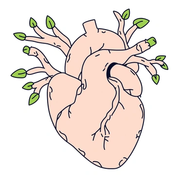 A human heart shaped intricately with twisting roots and branches. The roots spread out, intertwining with each other, while the branches extend upward, adorned with small green leaves. The heart is centered in a light background, highlighting its organic texture and the natural patterns of the wood.