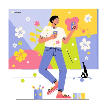 A student with short brown hair is smiling while holding their smartphone to take a selfie. They are standing in front of a large, colorful mural they painted, which features vibrant flowers and abstract shapes. The mural background includes shades of blue, yellow, and green. The student is wearing a paint-splattered shirt and jeans, and there are paintbrushes and an open paint can on the ground beside them. The selfie captures both the student and the detailed mural, showcasing their artistic accomplishment.