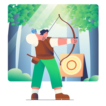 An archer with dark hair is standing confidently in a forest, aiming at a target. The archer is wearing a brown leather vest and green pants, and has a quiver slung over one shoulder, filled with arrows. The bow is taut, with a fletched arrow drawn back, ready to be released. Sunlight filters through the dense canopy of green leaves, casting dappled shadows on the ground. In the background, there is a wooden target marked with concentric circles, positioned against a tree trunk. The surrounding trees are tall and lush, creating a natural frame for the scene.