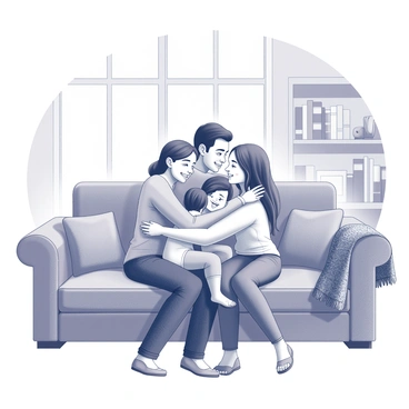 A family of four engaged in a group hug while seated on a cozy sofa. The parents are positioned on either side, with a child on each side nestled against them. The living room surrounding them features a warm ambiance, with soft cushions on the sofa and a patterned throw blanket draped casually over one armrest. There is a bookshelf visible in the background, filled with various books and a few decorative items. A large window lets in natural light, creating an inviting atmosphere. The family's expressions show joy and affection as they share this moment together.