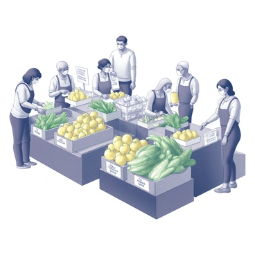 A bustling food market scene filled with vendors displaying a variety of fresh produce. Each vendor is positioned at their individual stalls, which are neatly organized and adorned with baskets of fruits and vegetables. The produce includes bright green leafy greens, yellow squashes, and various root vegetables. Each stall has a sign indicating the type of produce available. Vendors are wearing gloves and masks, following food safety regulations. Customers are browsing the stalls, examining the fresh offerings and engaging with vendors. The overall atmosphere is vibrant and lively, with people interacting and exchanging goods.