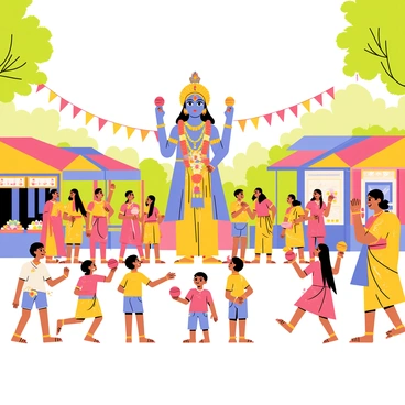 A vibrant festival scene celebrating Krishna's birthday with colorful banners and decorations hanging from trees and buildings. Groups of people wearing traditional attire, including bright sarees and dhotis, are joyfully dancing and singing. Stalls are set up, selling sweets and festive foods, with bright colors and intricate designs. Several children are playing around, some holding small clay pots, while others are covered in colorful powders, symbolizing joy and celebration. In the background, a large statue of Krishna is adorned with flowers, surrounded by garlands and lights.
