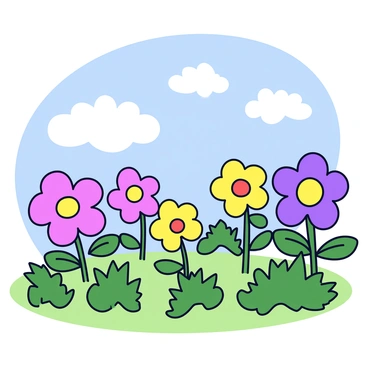 A whimsical garden filled with various flowers shaped like "fourchettes." The flowers display vibrant colors such as pink, purple, and yellow. They are surrounded by lush green foliage, including ferns and small bushes. A gentle breeze causes the flowers to slightly sway, adding a sense of movement to the scene. The background features a clear blue sky with a few fluffy white clouds scattered throughout.
