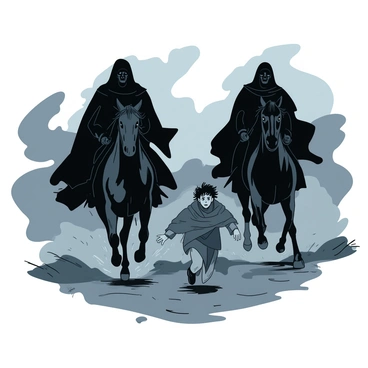 A duo of black cloaked Ringwraiths on dark horses is galloping swiftly through a misty landscape filled with swirling gray fog. The horses' eyes glow faintly as they charge forward, hooves thundering against the muddy ground. In front of them, a small figure of Frodo is running desperately, his face expressing fear and determination. He is wearing a tattered gray cloak, with his curly hair slightly tousled from the wind. The atmosphere is tense as dark shadows loom around, heightening the sense of pursuit.