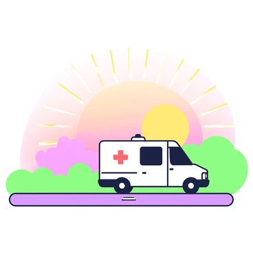A medical transport van is driving forward on a clear road. The van is white with a red cross symbol prominently displayed on its side. In the background, a vibrant sunrise is unfolding, casting warm hues across the sky. Soft rays of light are radiating from the sun, illuminating the scene. The road is straight, leading towards the horizon, creating a sense of movement and purpose. The landscape surrounding the road is open, suggesting a sense of freedom and opportunity ahead.