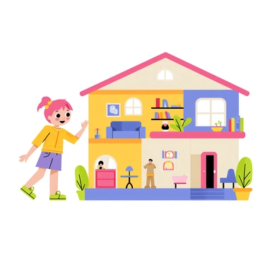 A "Polly Pocket" figurine with bright pink hair is exploring her "miniature home." The home features a colorful exterior with a vibrant front door. Inside, there are multiple rooms filled with "tiny furniture" like a small blue couch, a miniature dining table, and a cozy bed. Various "accessories" such as a tiny lamp, a bookshelf filled with little books, and decorative plants are scattered throughout the home. The walls are adorned with playful artwork, and there are small windows allowing light to filter in. Polly is interacting with her surroundings, showcasing her adventurous spirit in this delightful setting.