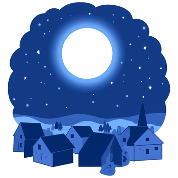 A white glowing moon is positioned above a quiet village, illuminating the rooftops. The night sky is filled with numerous twinkling stars, creating a sense of depth. Silhouetted against the moonlight, quaint houses with dark roofs and small windows are visible in the village below. A few trees stand gently swaying in the cool night breeze, all under the vast expanse of the starry sky.