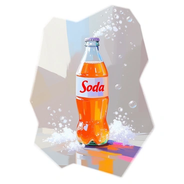A clear glass soda bottle being vigorously shaken, with a label that reads "Soda" prominently displayed on the front. The bottle is filled with a vibrant, fizzy drink that has an effervescent quality. Bubbles are visibly rising rapidly to the surface, creating a lively display. Around the bottle, visual indicators represent gas pressure, illustrated as small puffs and bursts emanating from the top, suggesting an impending release of carbonation. The setting is simple, focusing all attention on the energetic movement of the soda bottle and the dynamic bubbles.