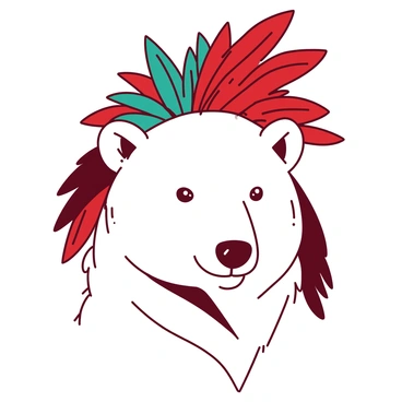 A white bear's head is prominently displayed, adorned with vibrant red and teal feathers arranged like a headdress across the top. The bear's eyes are bright and expressive, giving it a regal appearance. Individual feathers of varying lengths cascade down the sides of the bear's head, creating a striking contrast against its fur. The background is simple, allowing the bear and the colorful feathers to be the focal point of the image.