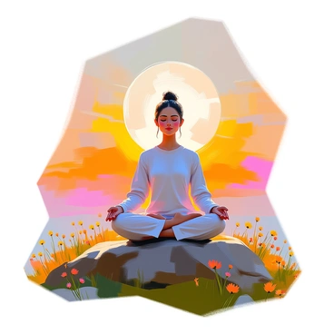 A person with medium skin, sitting cross-legged in a meditation pose on a hilltop. They are wearing loose-fitting, comfortable clothing and have their eyes closed, displaying a serene expression. The background features a vibrant sunrise, with warm oranges and yellows illuminating the sky, while the moon, in a soft pale hue, is gently setting behind them. The landscape around the hilltop includes green grass and scattered wildflowers, adding to the natural beauty of the scene.