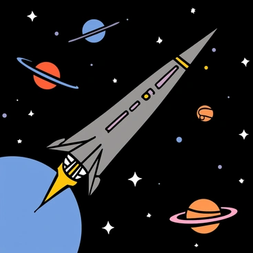 A sleek, futuristic spaceship with sharp angles and glowing lights is navigating through a star-filled space. The ship is emitting a bright beam of light as it travels. In the background, there are various distant planets of different sizes and colors, some with rings and others with craters. Stars twinkle around the ship, adding to the depth of the scene. The overall composition showcases the vastness of space and the adventurous spirit of exploration.