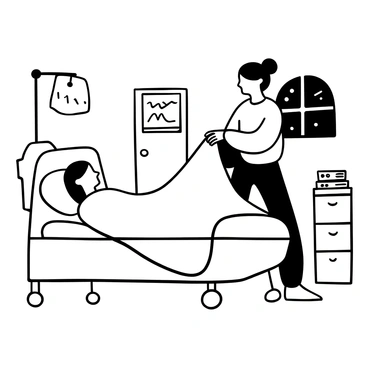 A nurse wearing scrubs is adjusting the blanket of a patient lying in a hospital bed. The room is illuminated by soft, dim lighting from a bedside lamp, casting gentle shadows. There are medical equipment and monitors in the background, quietly beeping and displaying vital signs. A small window shows a night sky with stars visible outside. A stack of medical charts is placed on a nearby table.