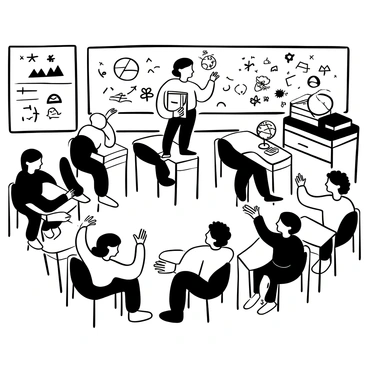 A classroom filled with desks arranged in a semi-circle, with students seated attentively. A teacher stands at the front, gesturing enthusiastically while holding a large book. Various educational posters adorn the walls, depicting maps and scientific diagrams. A chalkboard displays equations and illustrations related to the lesson. Some students are raising their hands to answer questions, while others are taking notes. A globe and a stack of colorful books are placed on the teacher's desk.