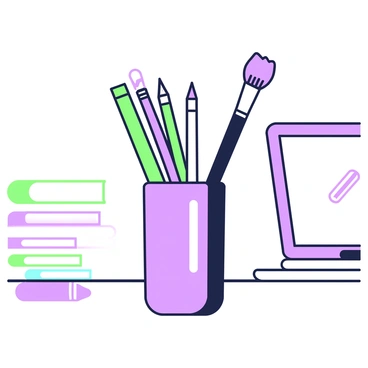 A stylish pen holder sits prominently on an office desk. The pen holder is cylindrical and made of a sleek material. It is filled with various writing instruments, including several pens, pencils, and brushes. The pens are of different lengths and designs, some with clip mechanisms and others with colorful barrels. The pencils are sharpened and neatly arranged, while the brushes have varied bristle sizes, suggesting artistic use. The desk surface is smooth and reflects the items above, providing a subtle sheen. In the background, a few notebooks and a laptop are partially visible, creating a workspace atmosphere.
