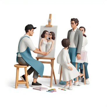 A street artist, wearing a blue apron and a black cap, is sitting on a wooden stool in a lively urban setting. He is focused on sketching a couple who are posing for him. The couple consists of a man, wearing a fitted gray suit with a white shirt and a tie, and a woman, wearing a flowing white dress with delicate lace details. She has her hair styled in loose waves. The couple is smiling at each other, holding hands as they stand close together. The artist's easel is set up in front of him, displaying the beginning of the couple's portrait. Surrounding them are various art supplies, including colored pencils and sketchbooks, with a few curious onlookers in the background.